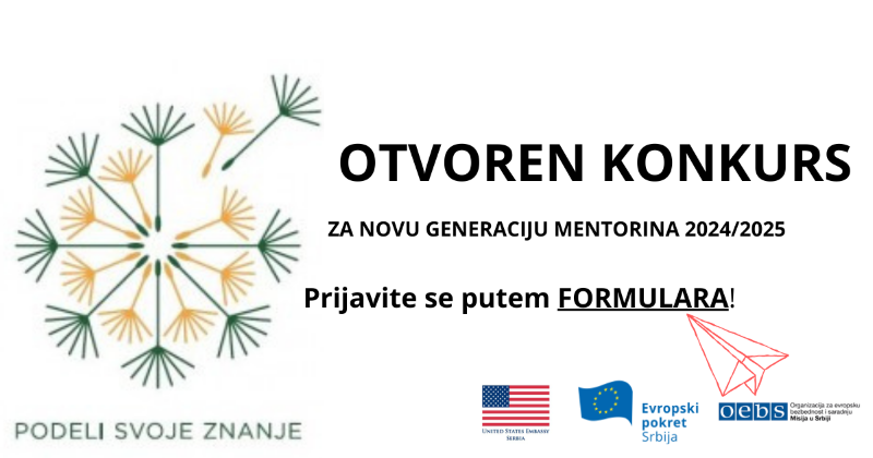 OTVOREN KONKURS ZA NOVU 2024-2025 GENERACIJU MENTORINA! PODELI SVOJE ZNANJE – PRODUŽEN ROK PRIJAVA!